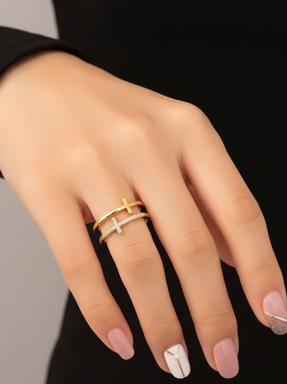 Double Layer Cross Ring Adjustable Minimalist Boho Celestial Religious Dainty